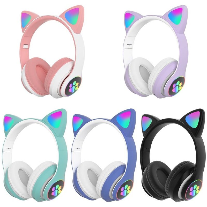 Auriculares Con Orejas De Gato Con Luces Led Bluetooth Y Puerto Para Tarjetas Micro Sd