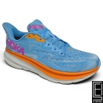 Zapatos Hoka Clifton 9 En Azul Claro Con Suela Naranja Brillante Ofrecen Una Amortiguación Ligera